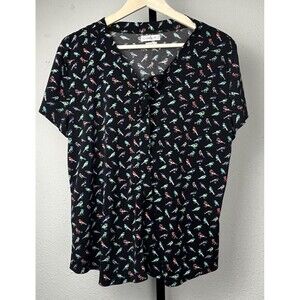 Van Heusen Top Button Up Short‎ Sleeve V Neck Bow BIRDS Black XL Made USA Career